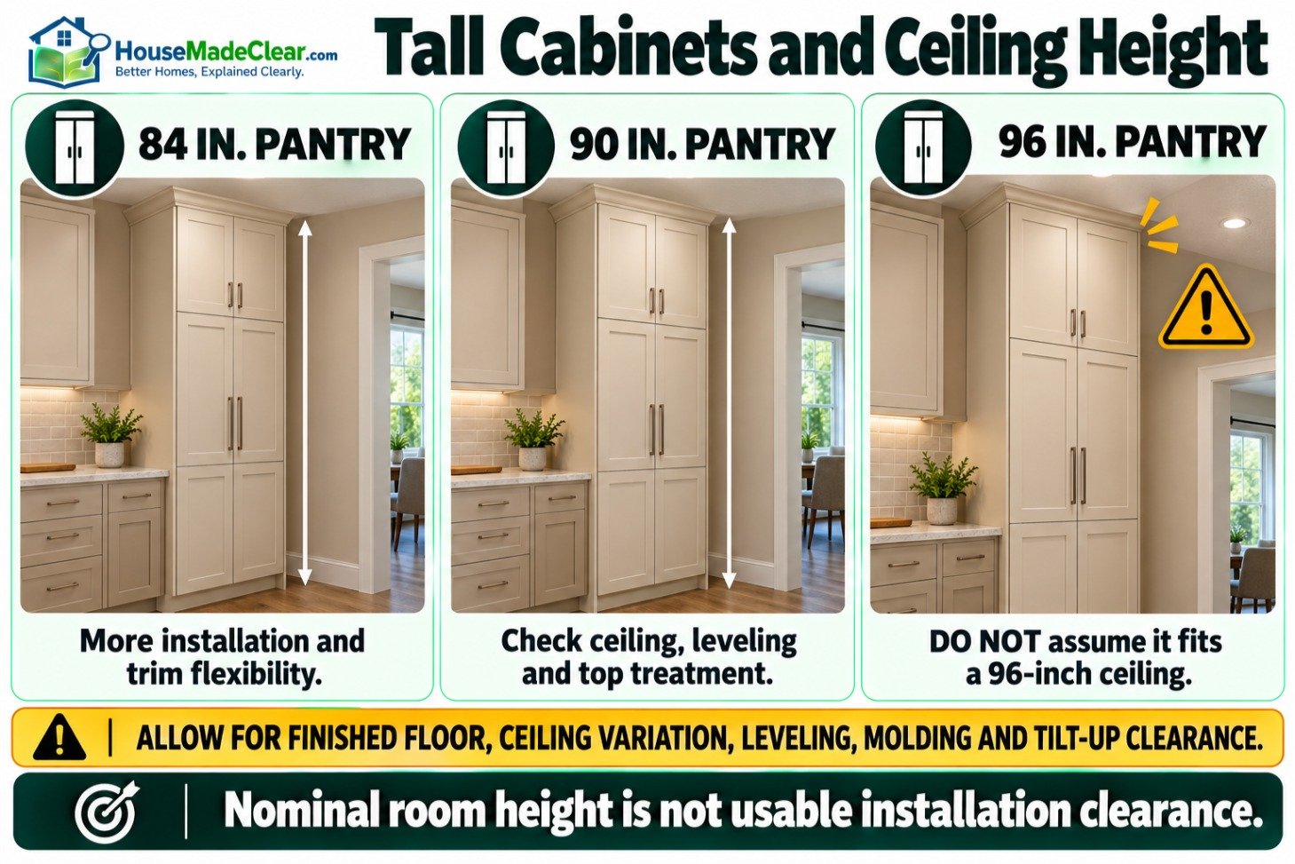 Comparison of 84, 90 and 96-inch pantry cabinets with ceiling and installation-clearance warnings
