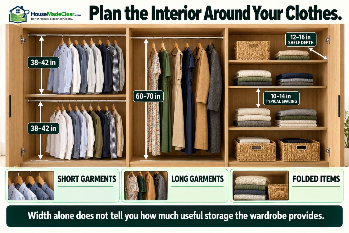 Wardrobe interior showing double hanging, long hanging and folded-clothing shelf dimensions