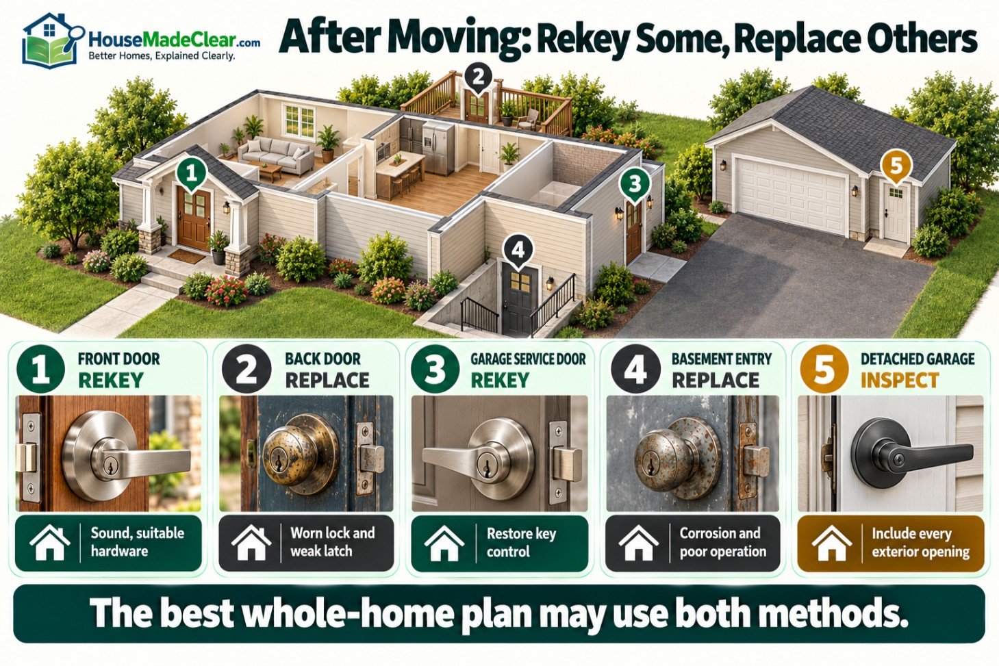 Whole-home lock plan showing suitable locks rekeyed and worn or corroded locks replaced after moving