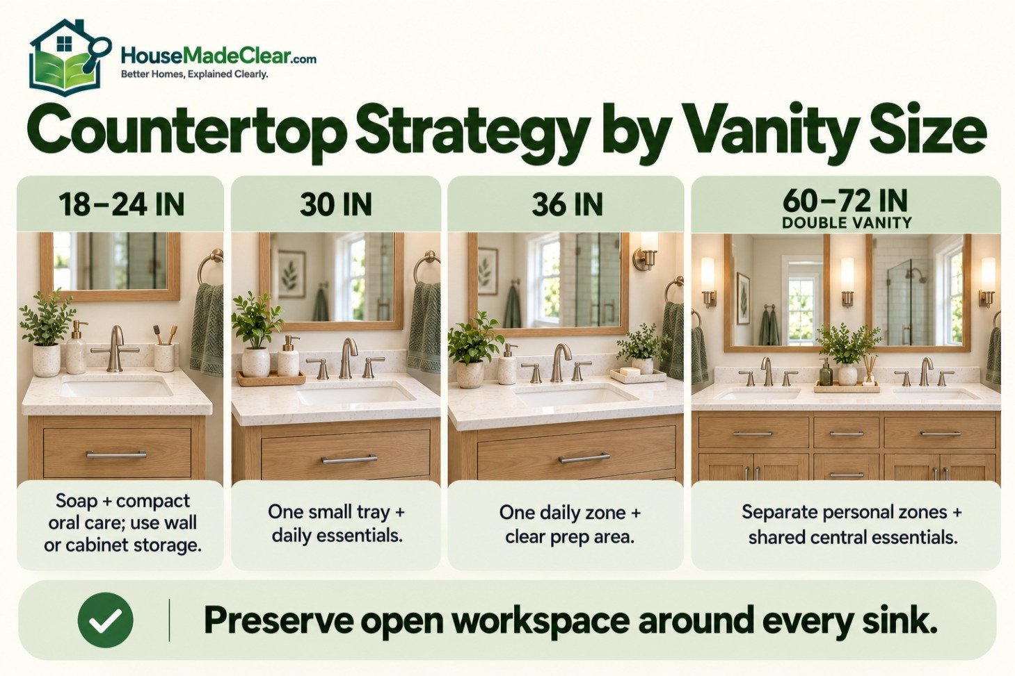 Bathroom countertop strategies for 18-to-24-inch, 30-inch, 36-inch and double vanities