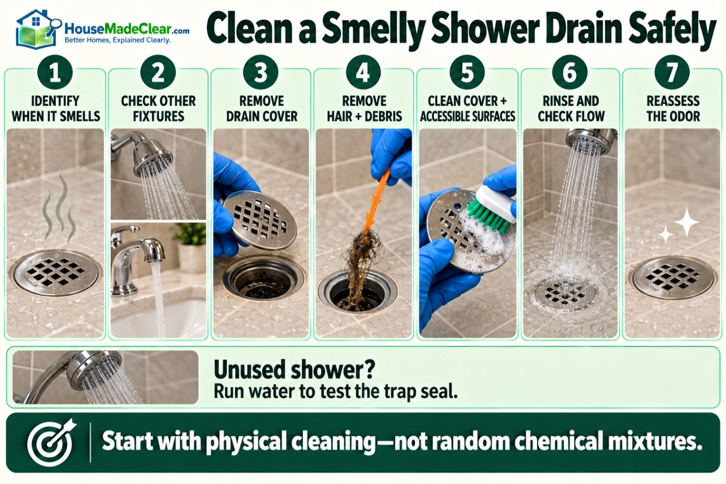 Seven steps for safely cleaning accessible hair and residue from a smelly shower drain