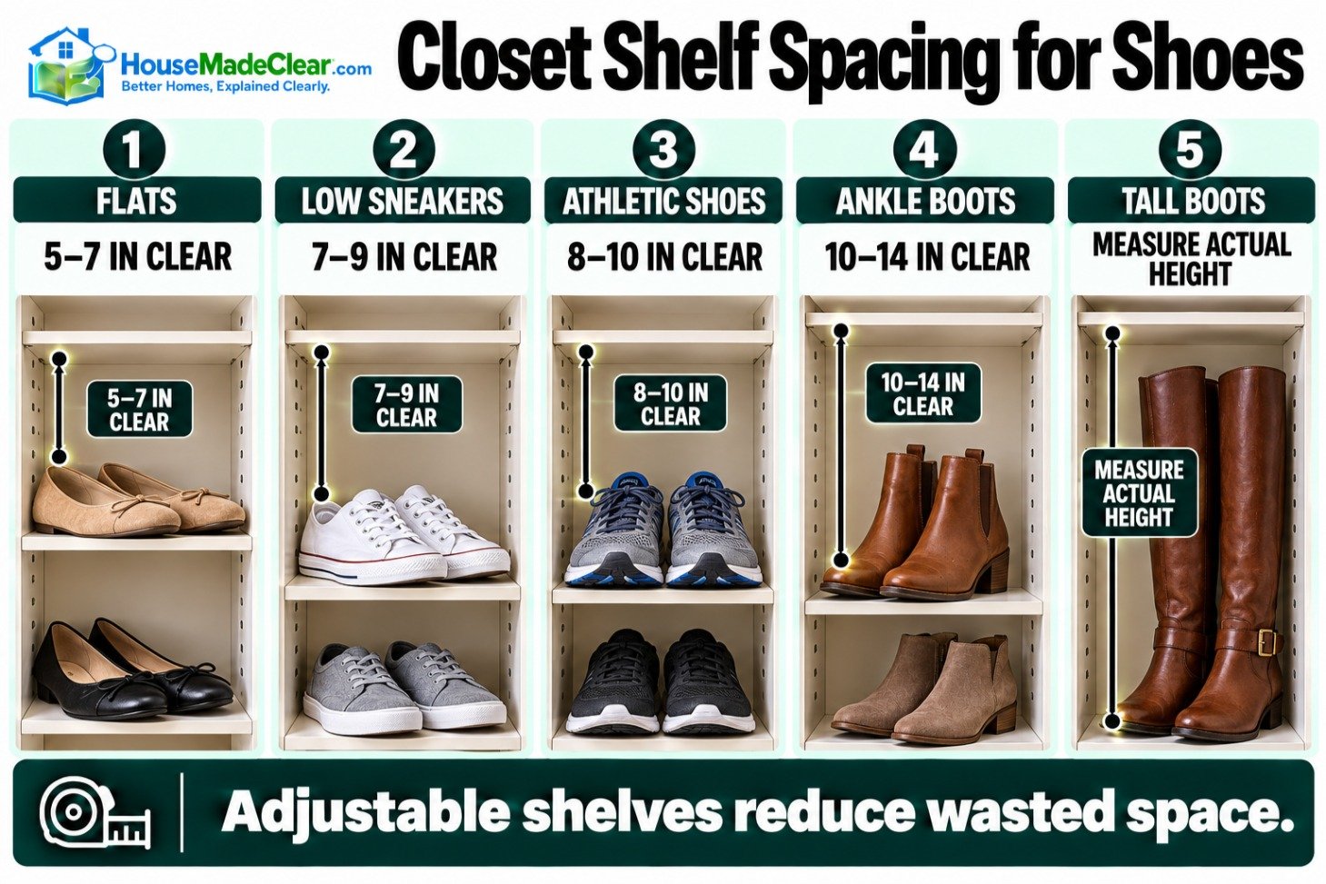 Clear closet shelf spacing for flats, sneakers, athletic shoes, ankle boots and tall boots