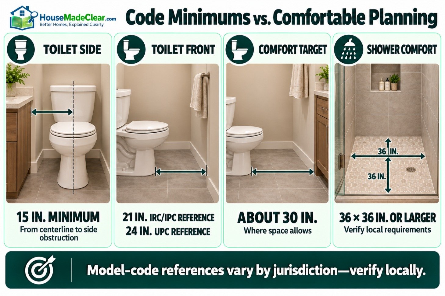 Toilet side and front clearance references compared with a comfort target and 36-inch shower recommendation