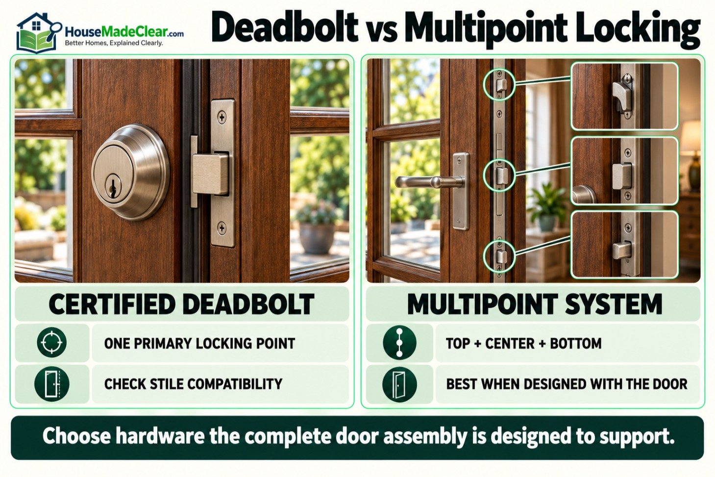 Certified deadbolt with one primary locking point compared with a French-door multipoint system locking at the top, center and bottom