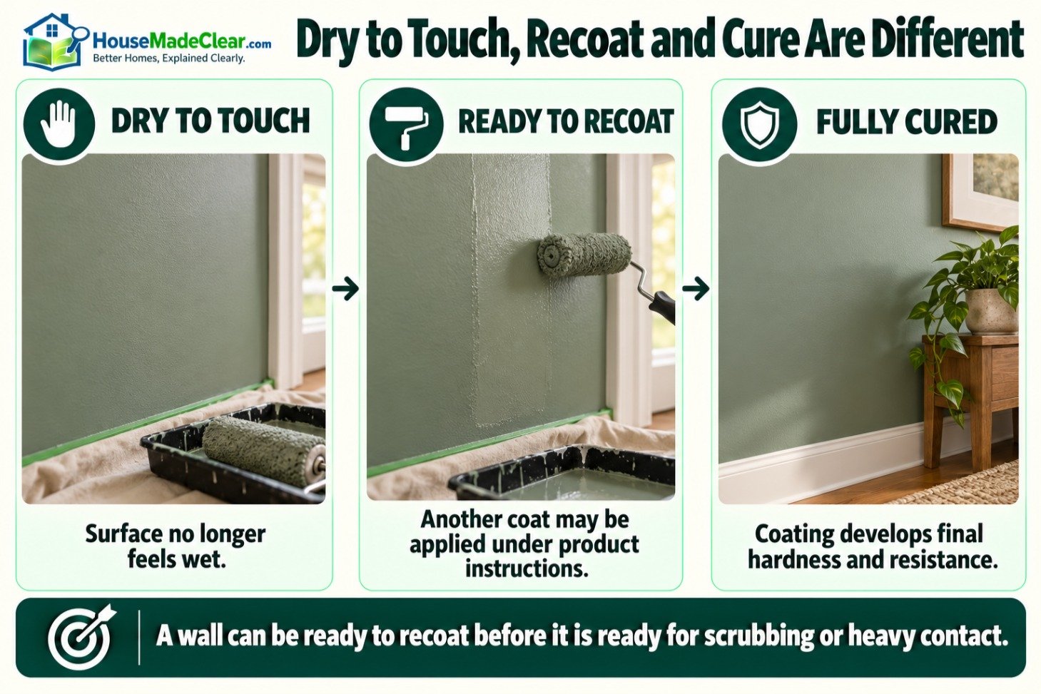 Difference between paint being dry to the touch, ready to recoat and fully cured