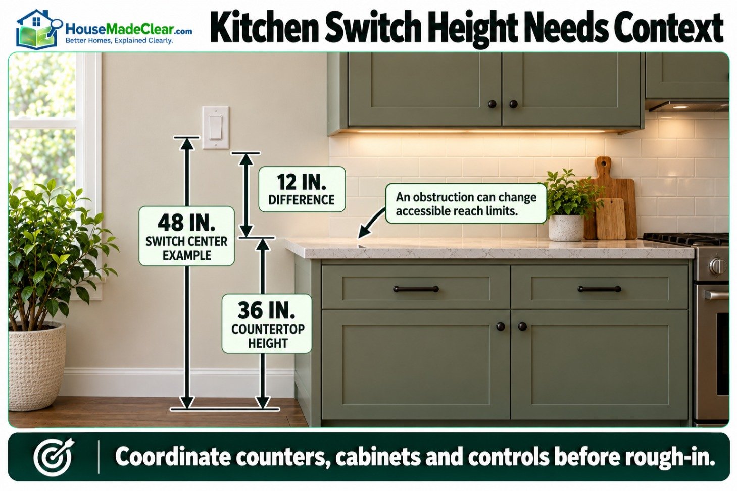 Kitchen example showing a 36-inch countertop and a switch center 48 inches above the finished floor