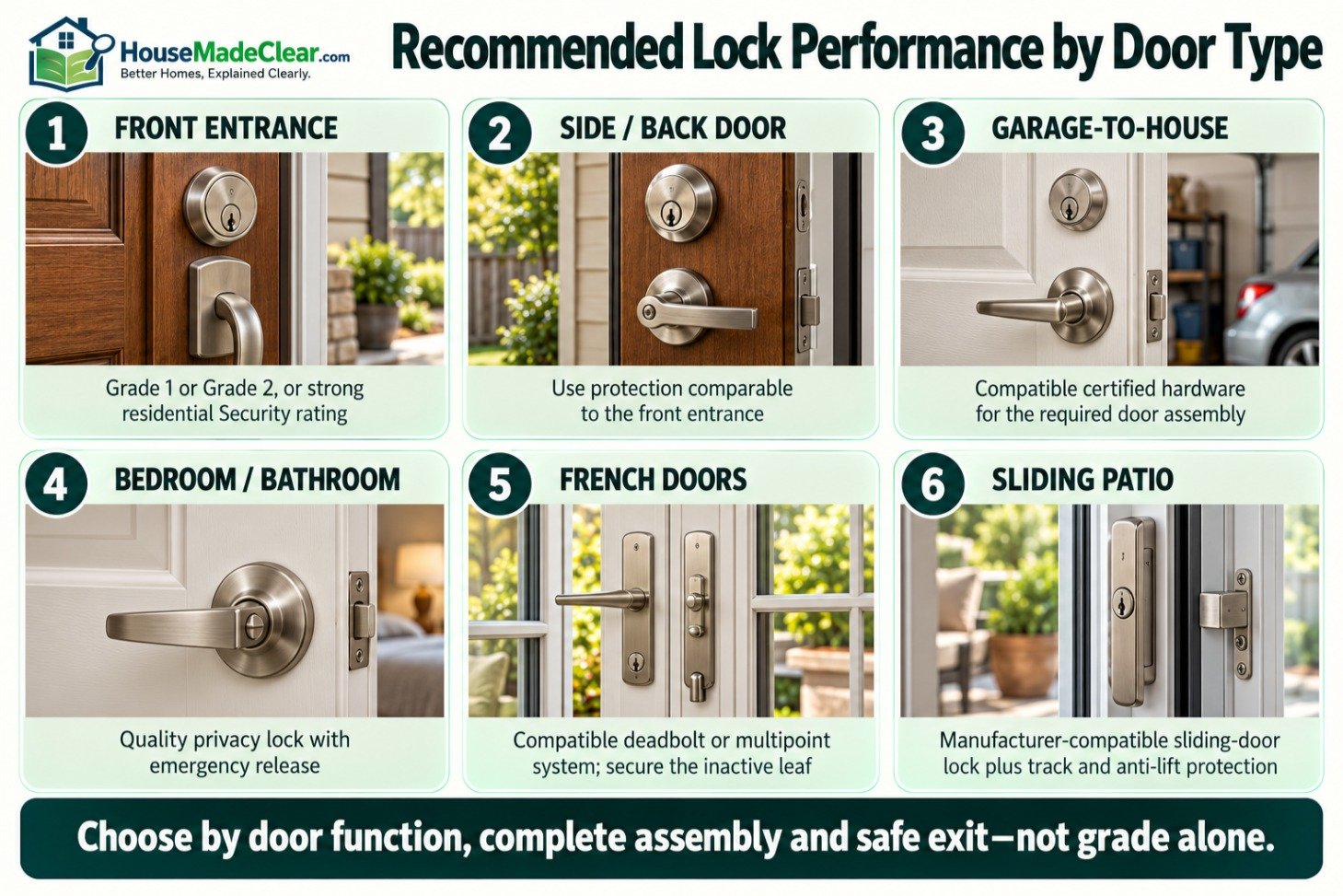Recommended starting points for locks on front, side, garage, bedroom, French and sliding patio doors