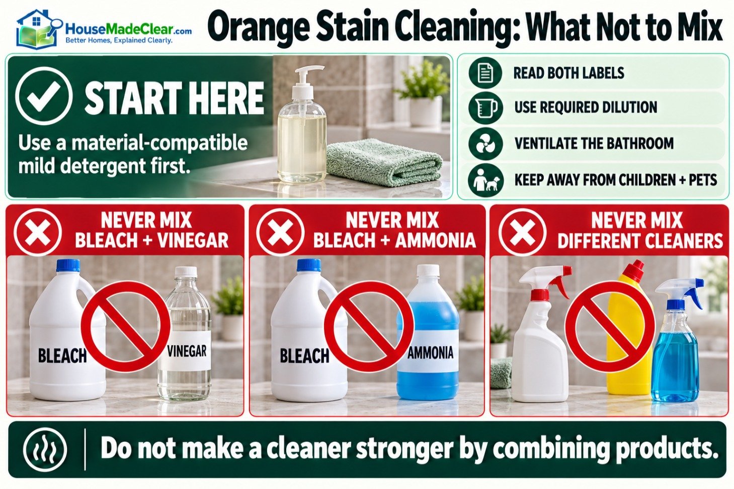 Safety warning not to mix bleach with vinegar, ammonia or other cleaning products