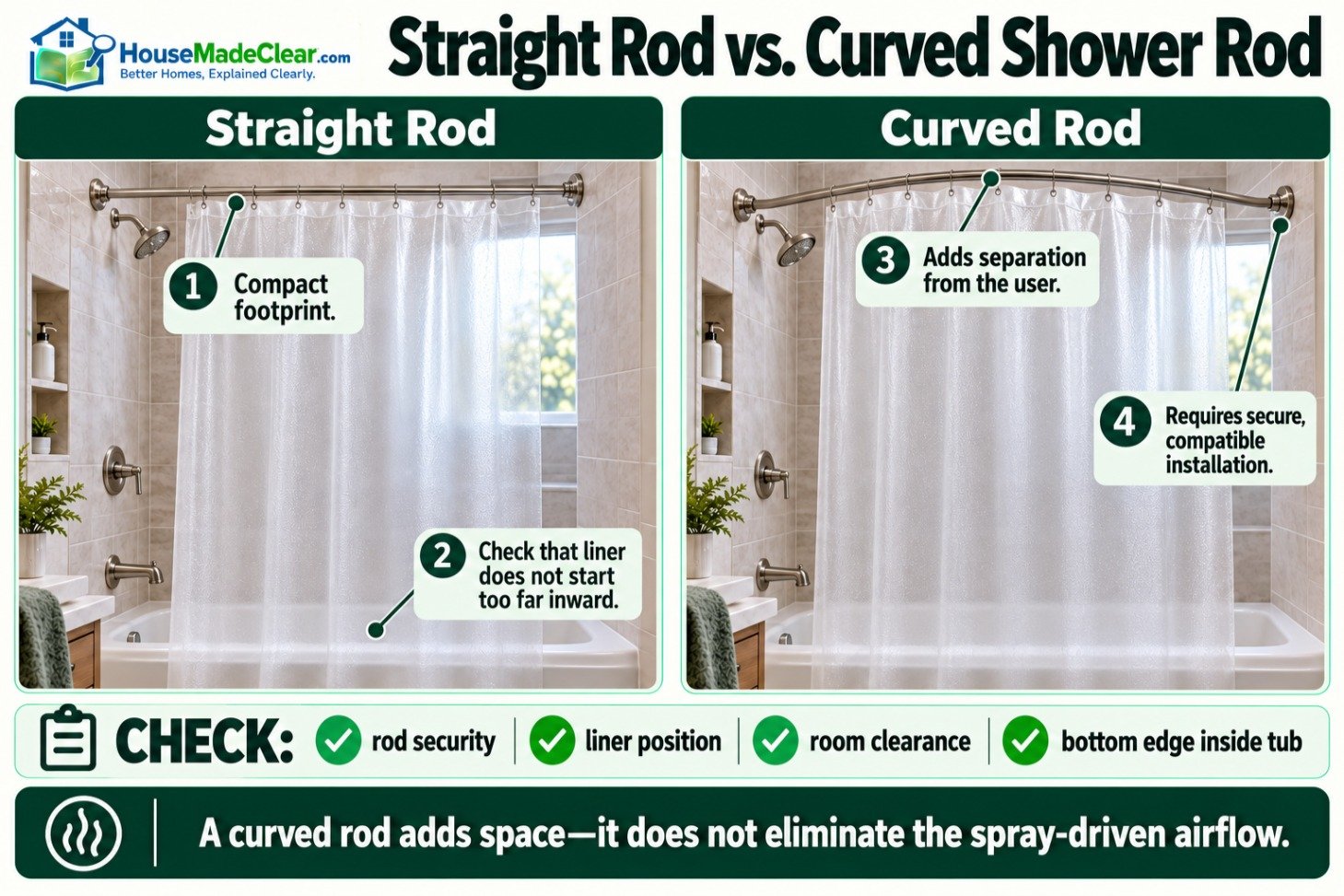 Straight and curved shower-curtain rods compared for liner position and body clearance