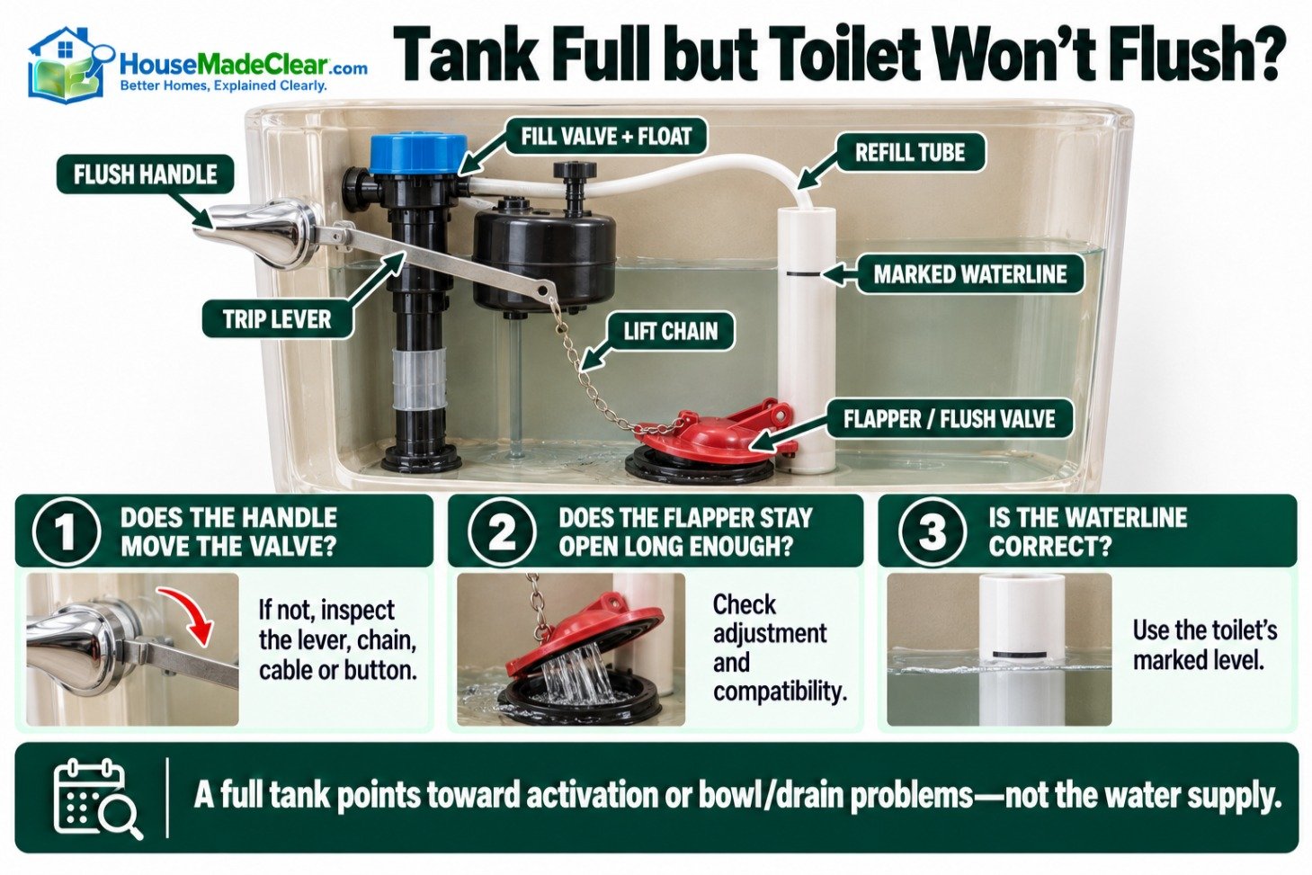 Toilet tank component diagram showing the handle, lever, chain, flapper, fill valve, refill tube and waterline