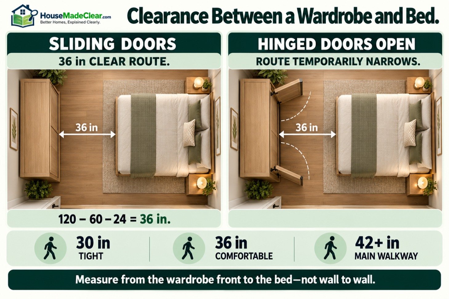 Sliding and hinged wardrobe clearance opposite a queen bed in a 120-inch-wide bedroom