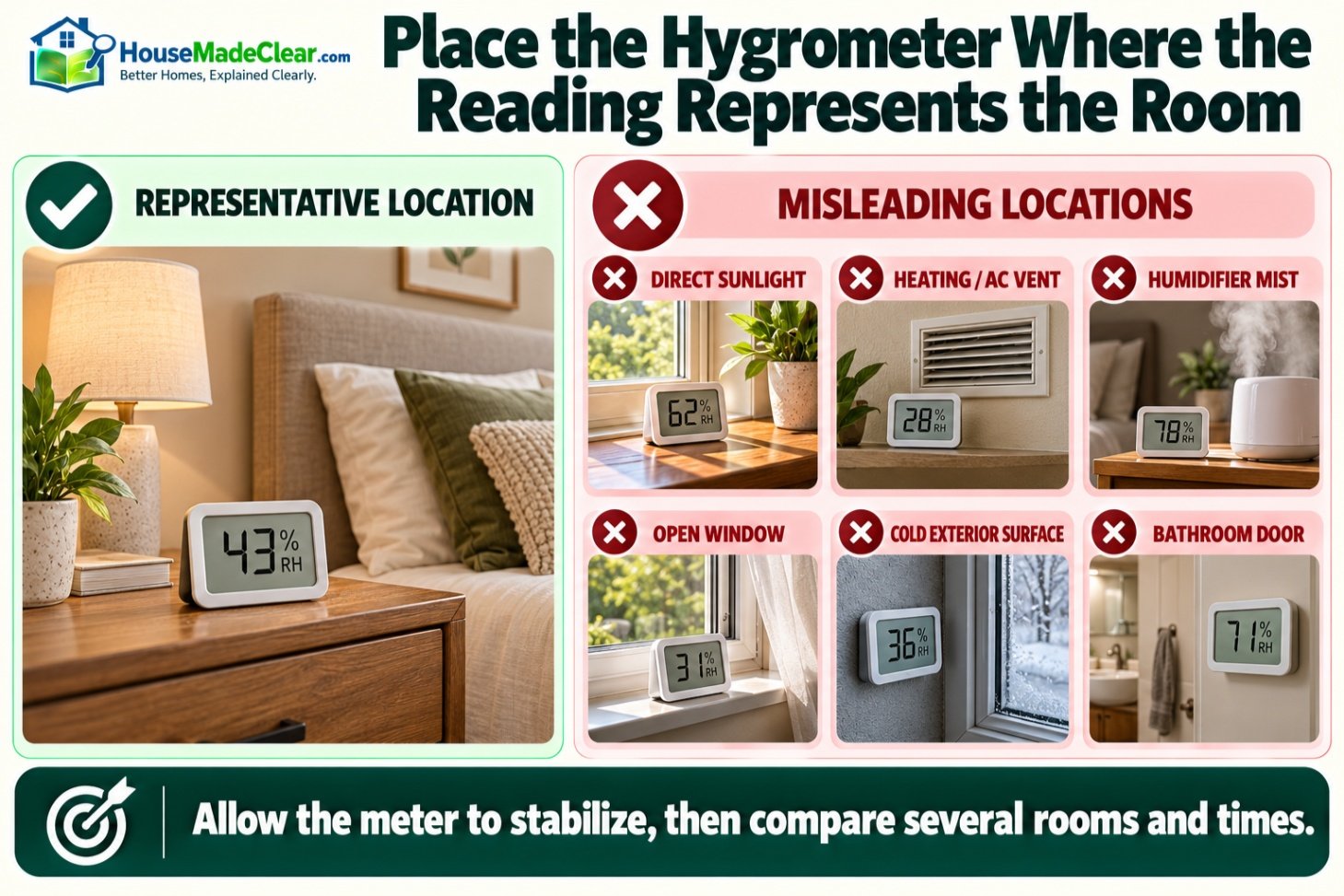 Representative hygrometer placement compared with misleading locations near sunlight, vents, mist, windows and bathroom doors