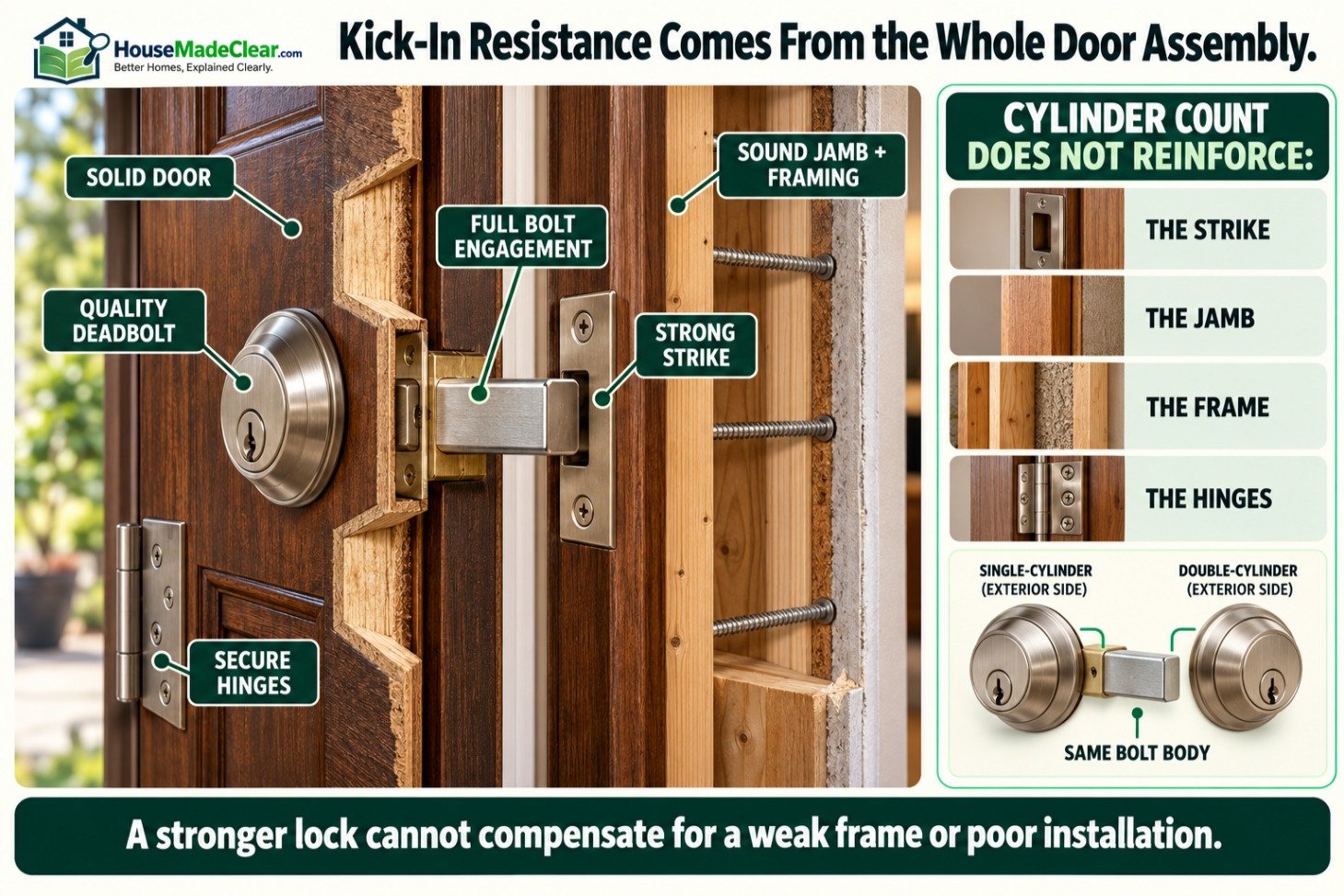Door cutaway showing how the deadbolt, strike, jamb, frame and hinges work together against forced entry