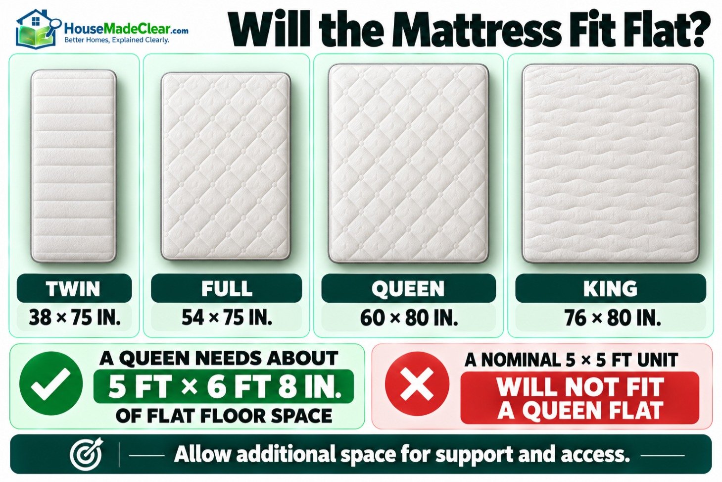 Twin, full, queen and king mattress dimensions used to plan flat storage-unit space