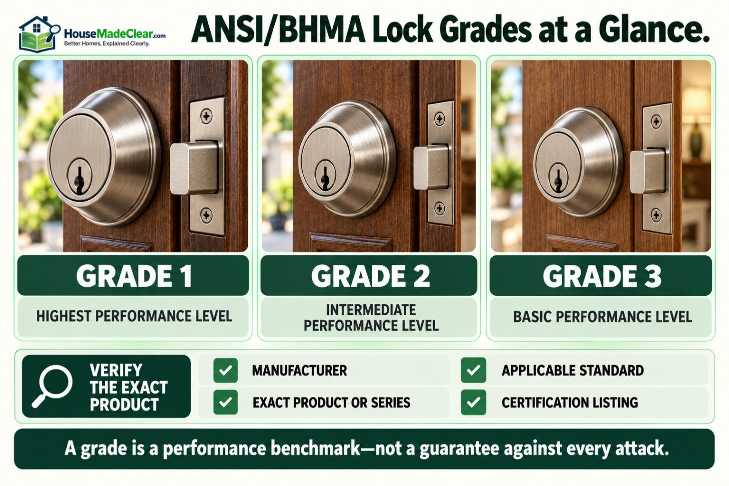 ANSI and BHMA Grade 1, Grade 2 and Grade 3 lock performance levels with product-verification checklist