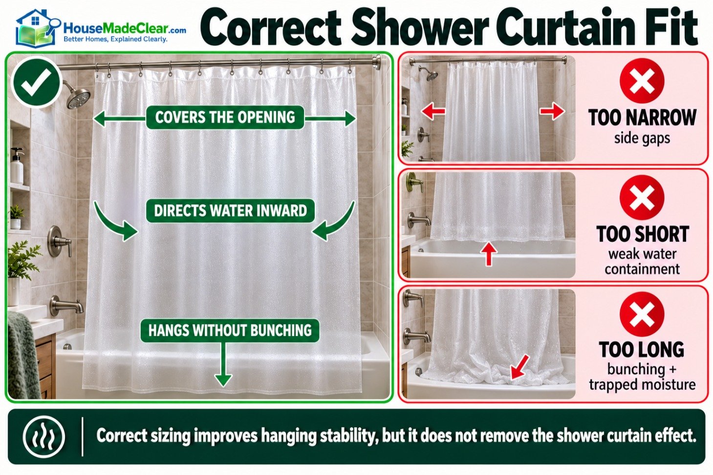 Correct shower-curtain width and length compared with curtains that are too narrow, short or long