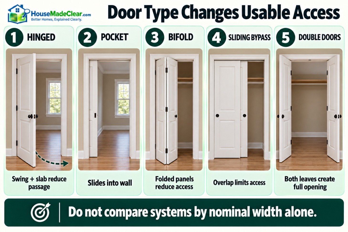 Hinged, pocket, bifold, sliding-bypass and double doors compared by usable access