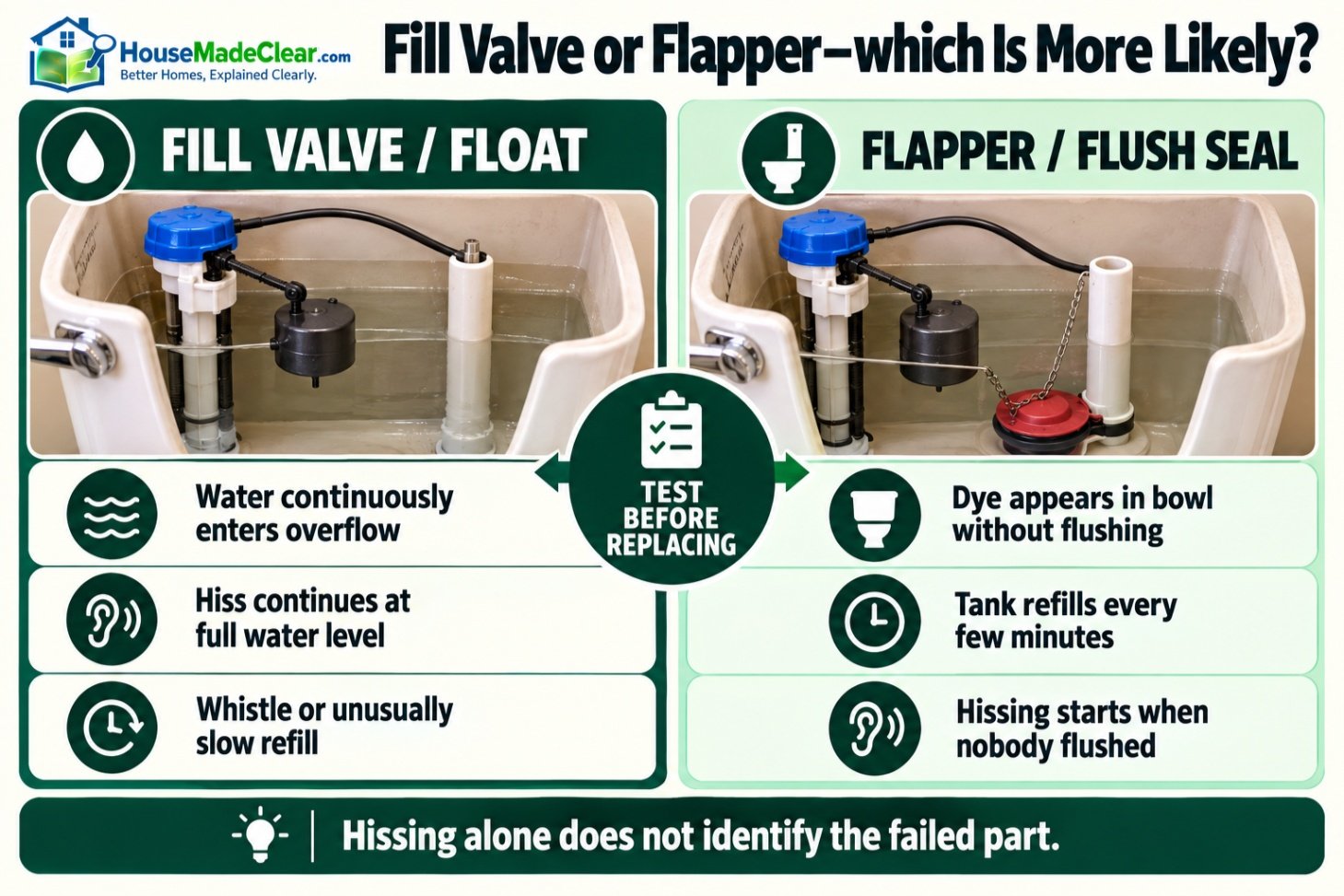 Toilet symptoms that point toward a fill-valve problem compared with a leaking flapper or flush seal