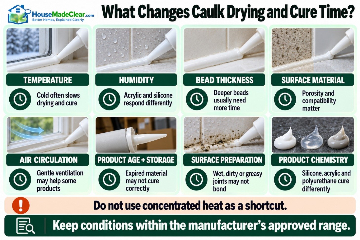 Eight-step caulk application process from surface preparation through final inspection