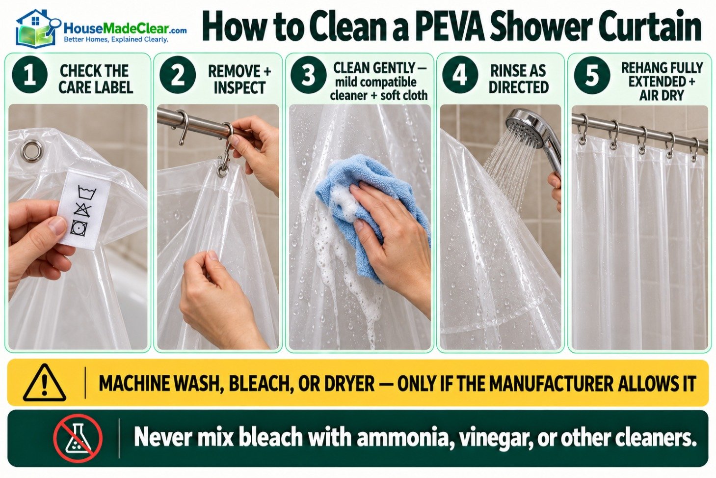 Five-step process for gently cleaning and air-drying a PEVA shower curtain