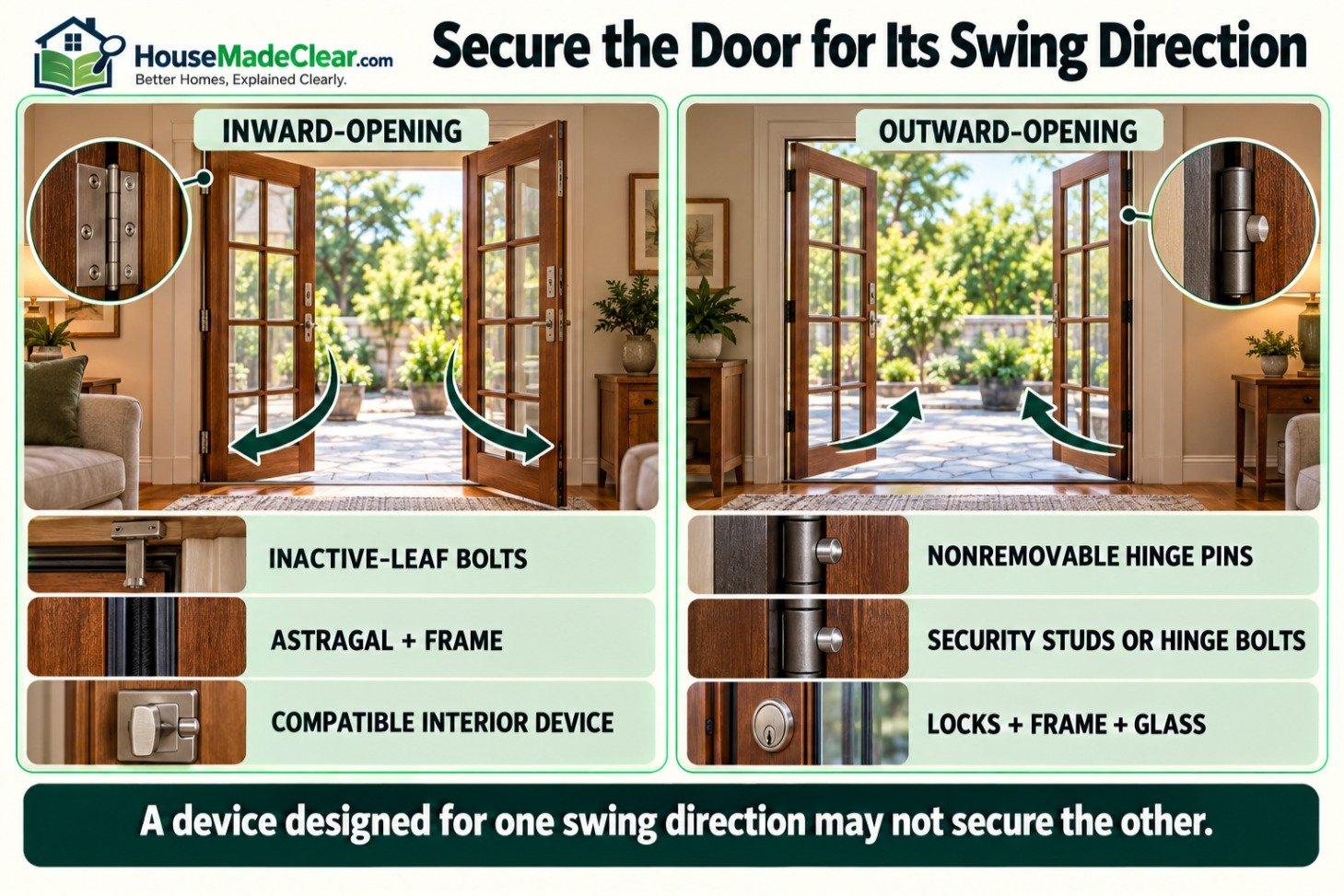 Security priorities for inward-opening and outward-opening French doors, including inactive-leaf bolts and anti-removal hinge features