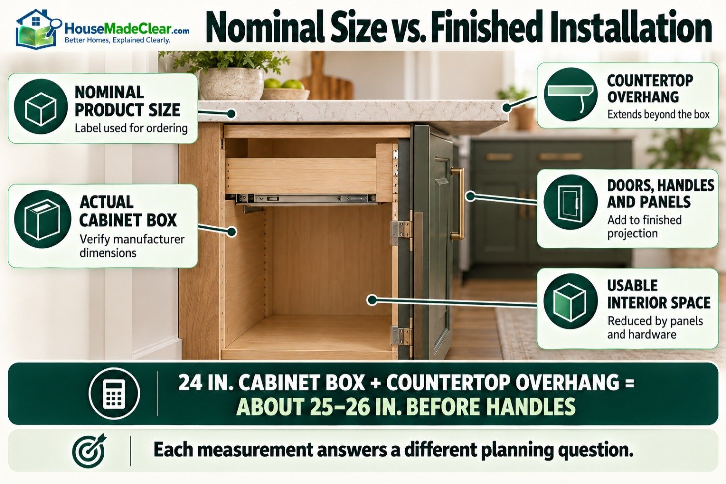 Nominal cabinet size compared with actual box dimensions, countertop overhang, hardware projection and usable interior space