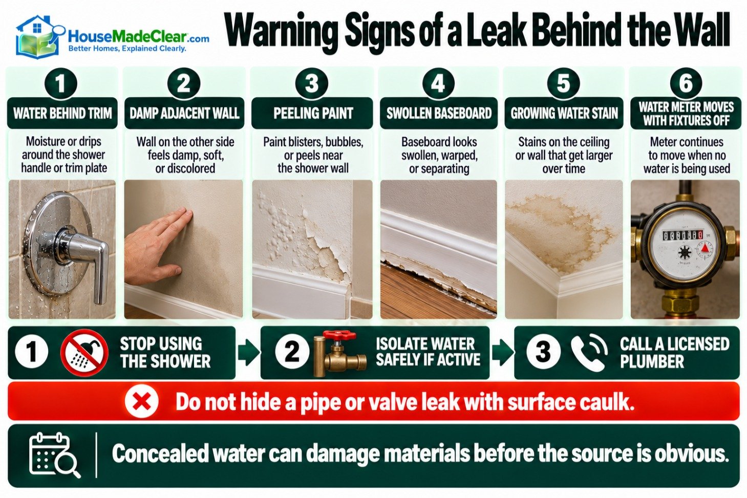 Concealed Plumbing Is Leaking”	Warning signs of a shower leak behind the wall and the recommended response