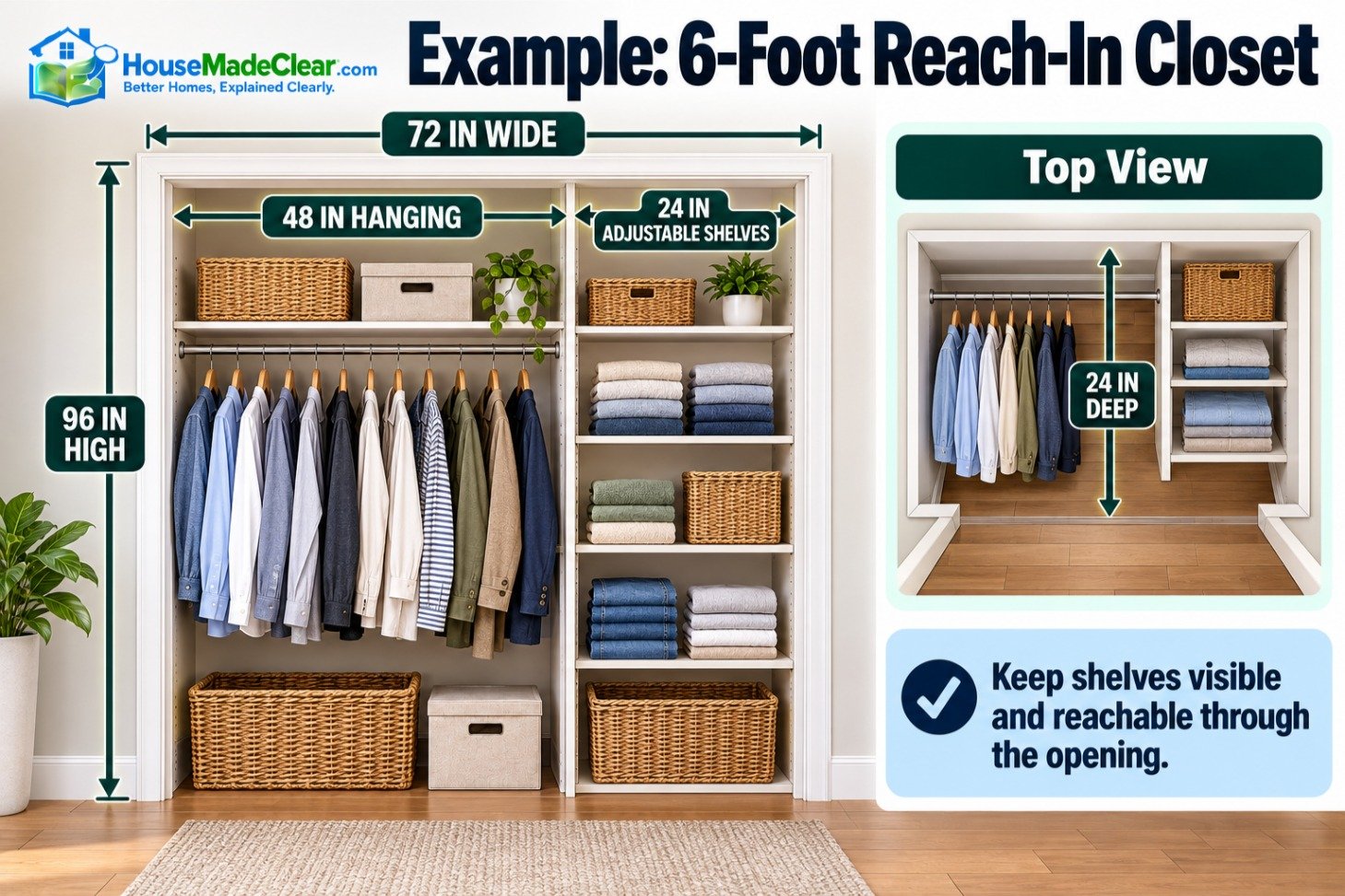 Six-foot reach-in closet with a 48-inch hanging section and 24-inch adjustable shelving section