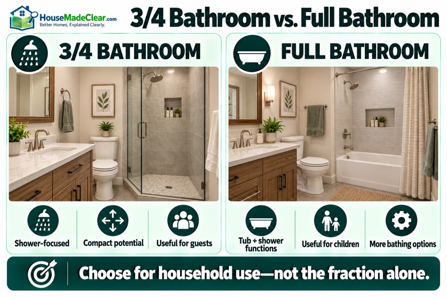 Shower-focused three-quarter bathroom compared with a full bathroom containing a bathtub-shower combination
