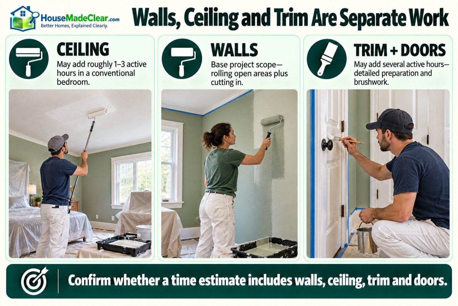 Comparison of the time and work involved in painting walls, a ceiling, trim and doors