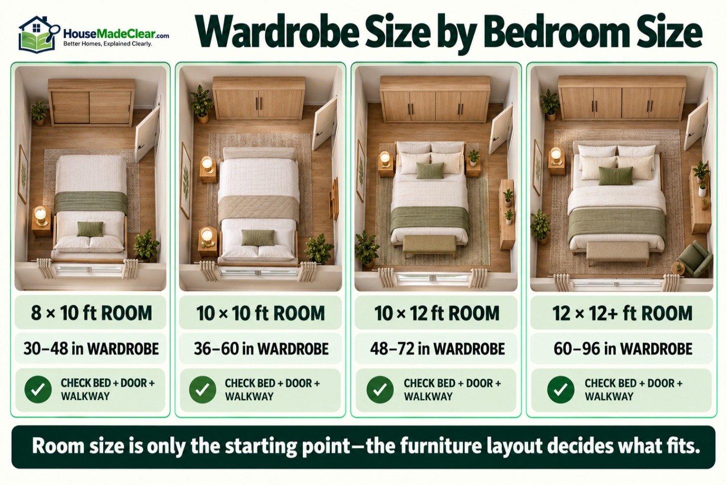 Suggested wardrobe width ranges for 8-by-10, 10-by-10, 10-by-12 and larger bedrooms
