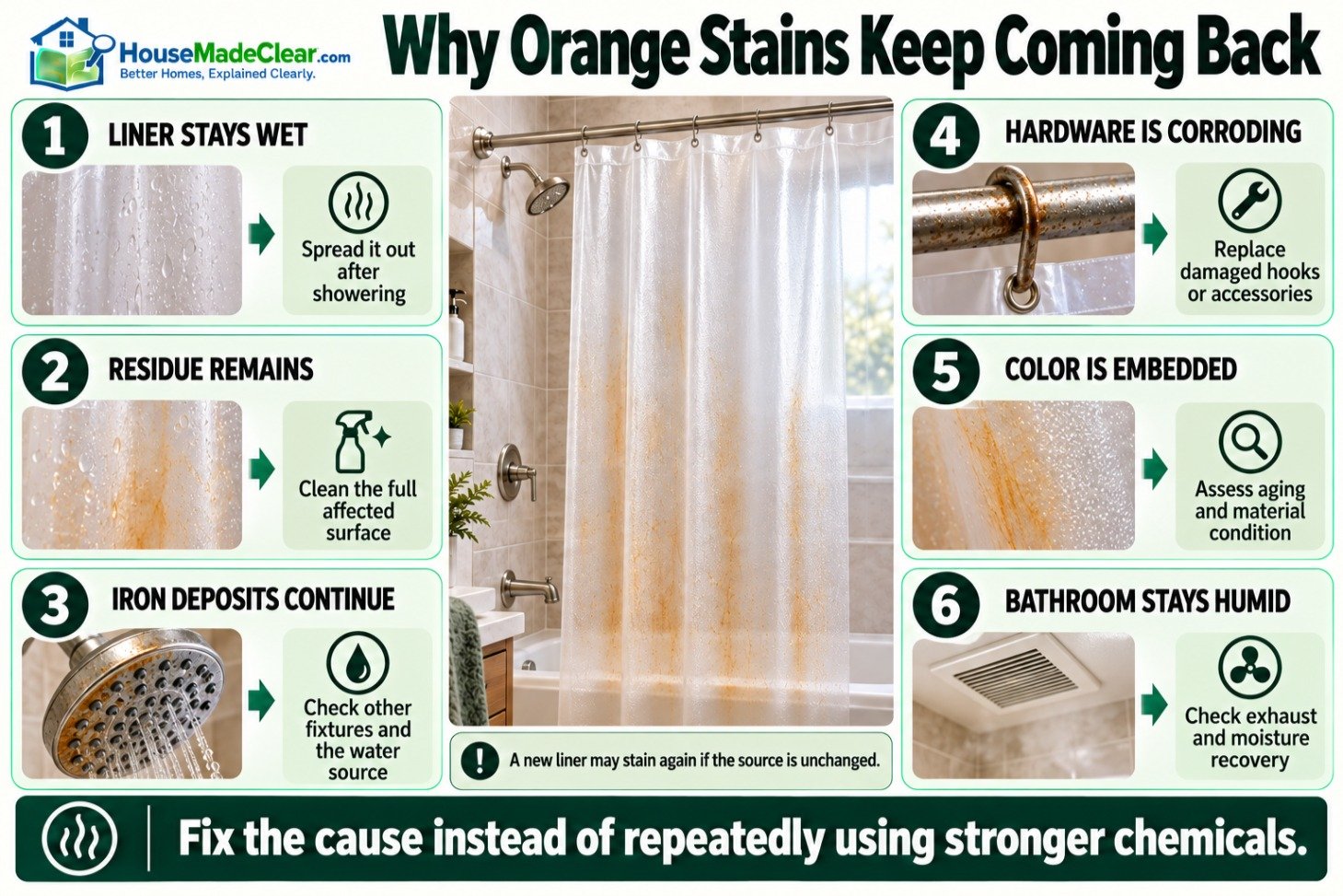 Common reasons orange shower-curtain stains return and the first corrective action for each