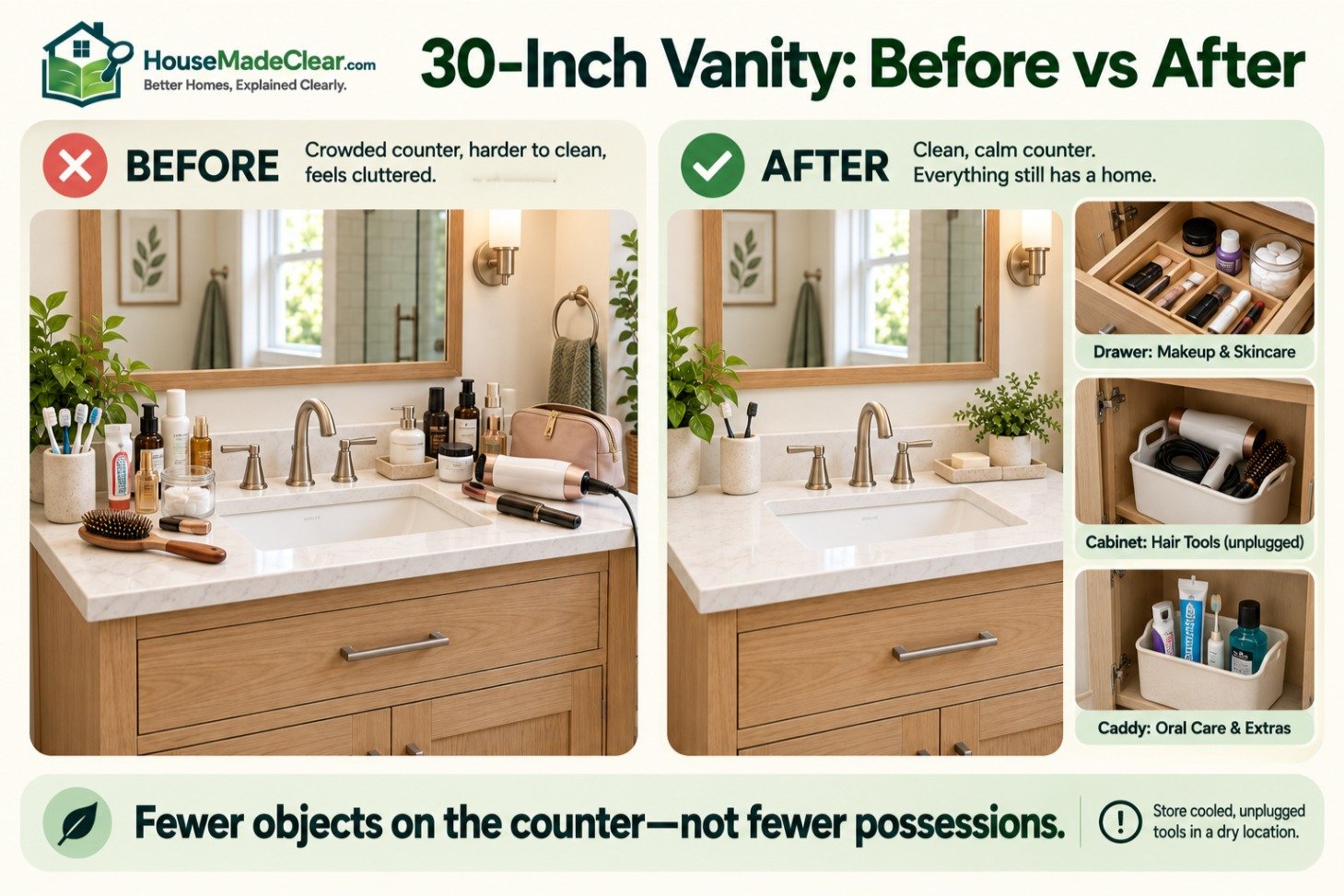 Thirty-inch bathroom vanity before and after moving occasional products into assigned storage