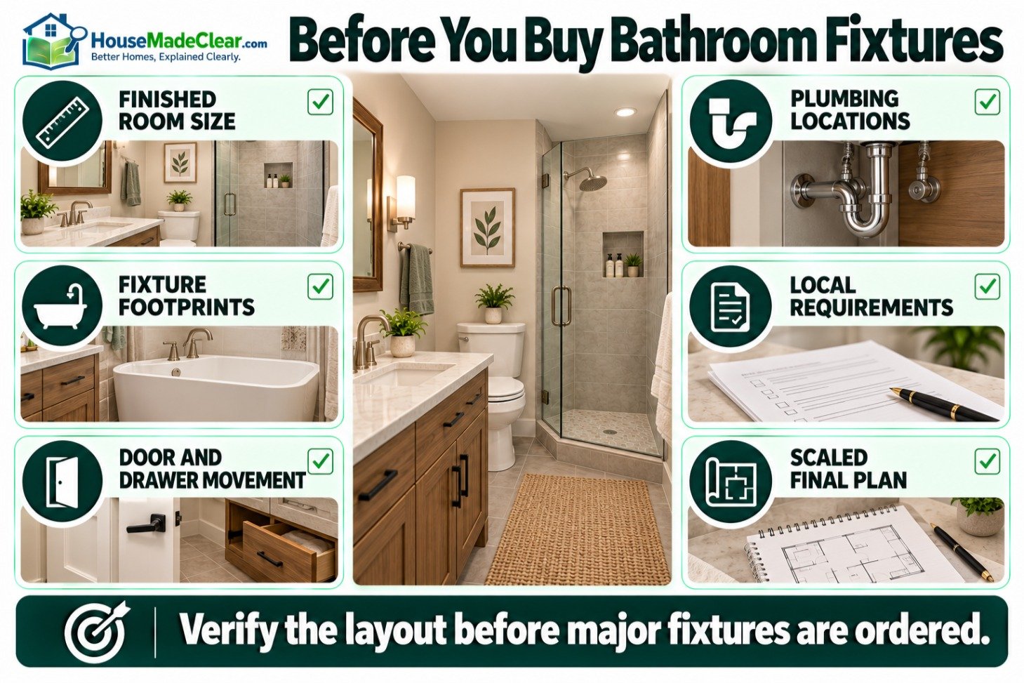 Bathroom planning checklist covering room size, fixture footprints, moving panels, plumbing, local requirements and a scaled plan