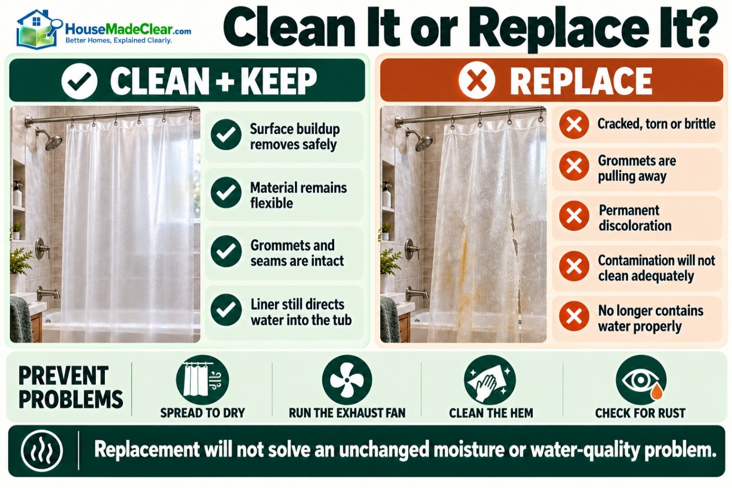Comparison of when to clean an orange-stained shower curtain and when to replace a damaged liner