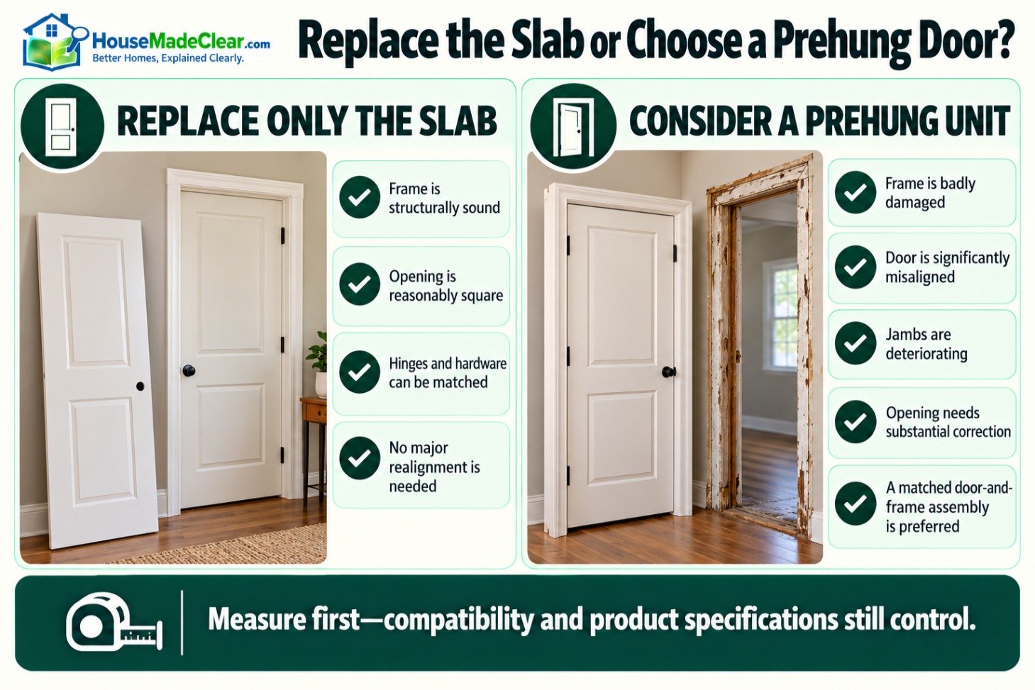 Decision guide comparing when to replace only a door slab and when to consider a prehung door unit
