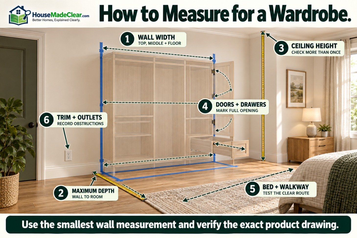 Measuring wall width, cabinet depth, ceiling height, openings and bedroom clearance for a wardrobe