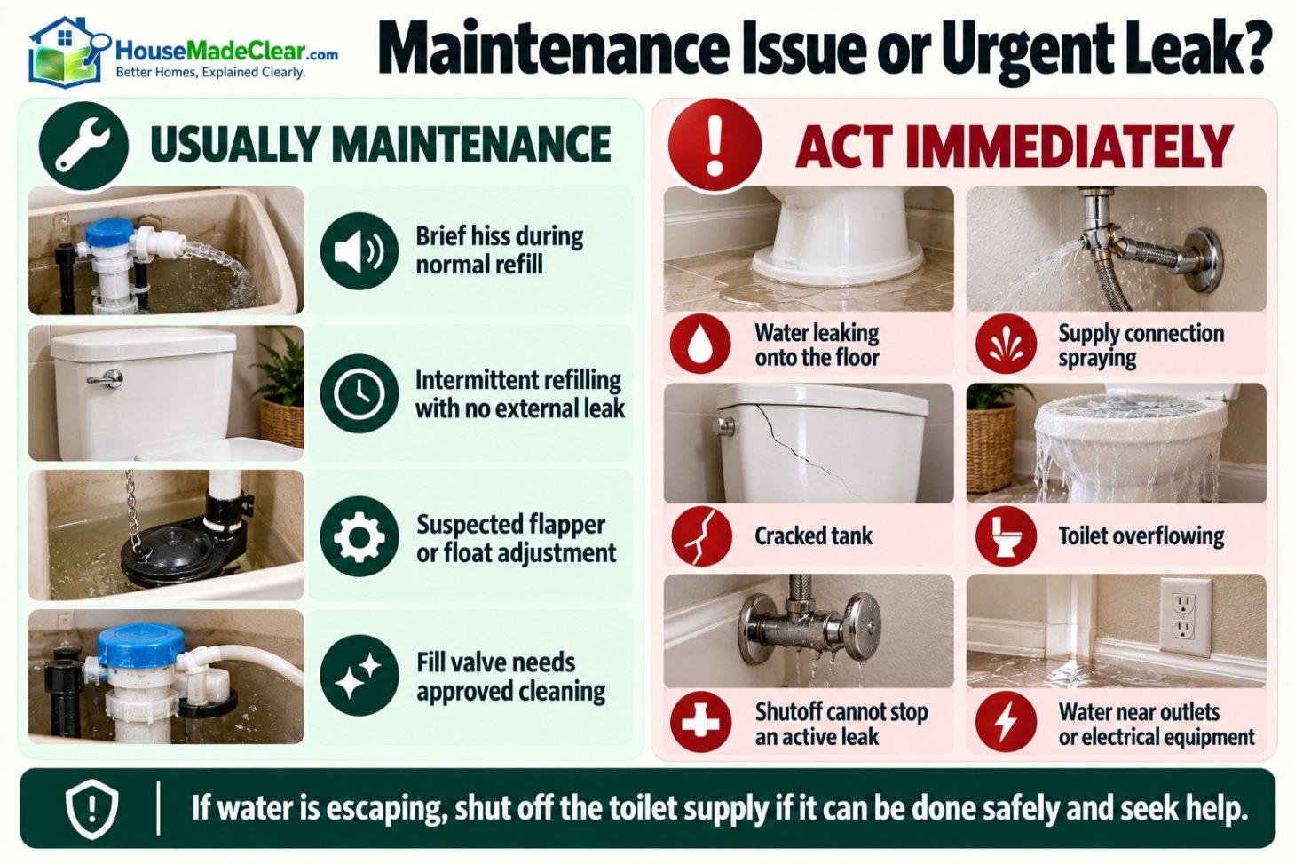 Comparison of routine hissing-toilet maintenance issues and toilet leaks that require immediate action
