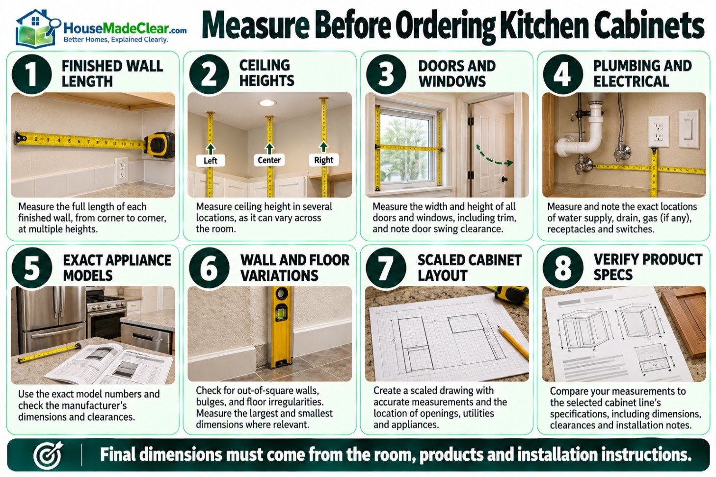 Eight-step kitchen measuring checklist covering walls, ceilings, openings, utilities, appliances and product specifications
