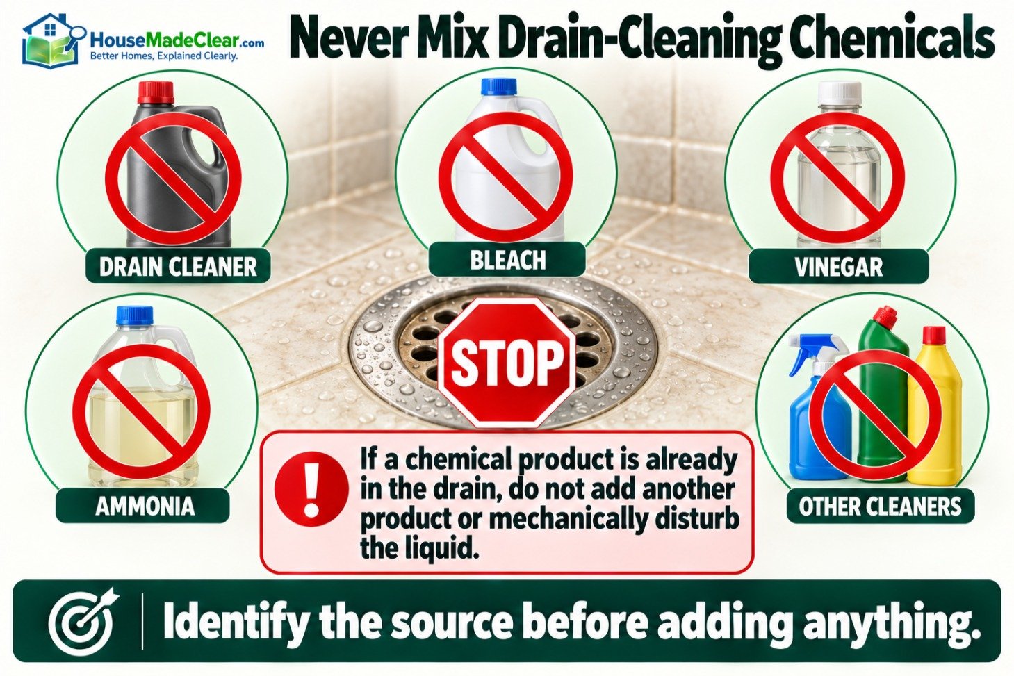 Warning not to mix drain cleaner, bleach, vinegar, ammonia or other cleaning products