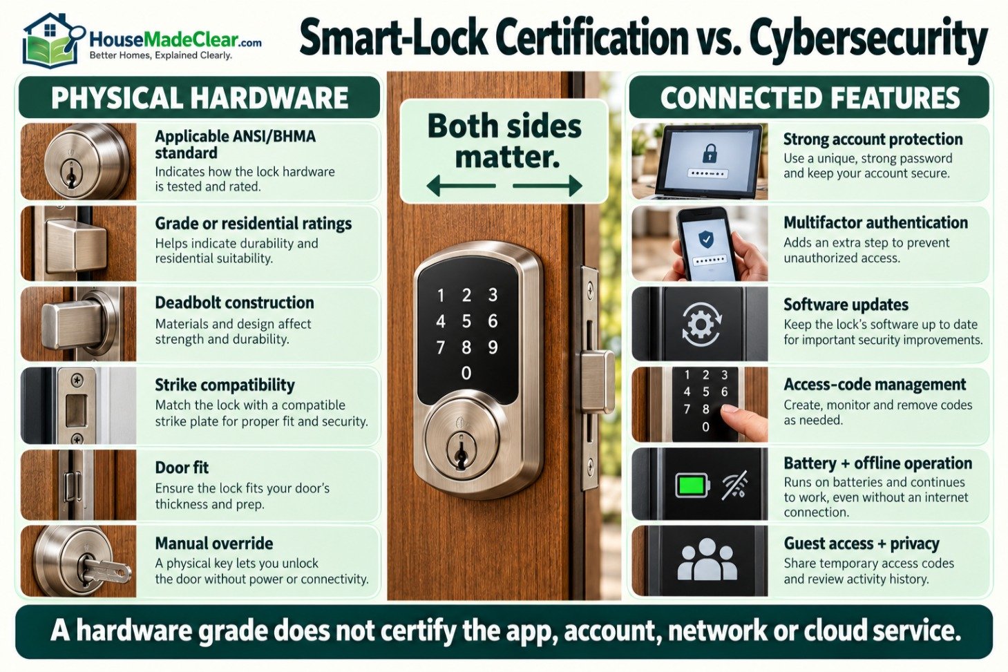 Smart-lock physical hardware certification compared with account, software, code, battery and privacy responsibilities