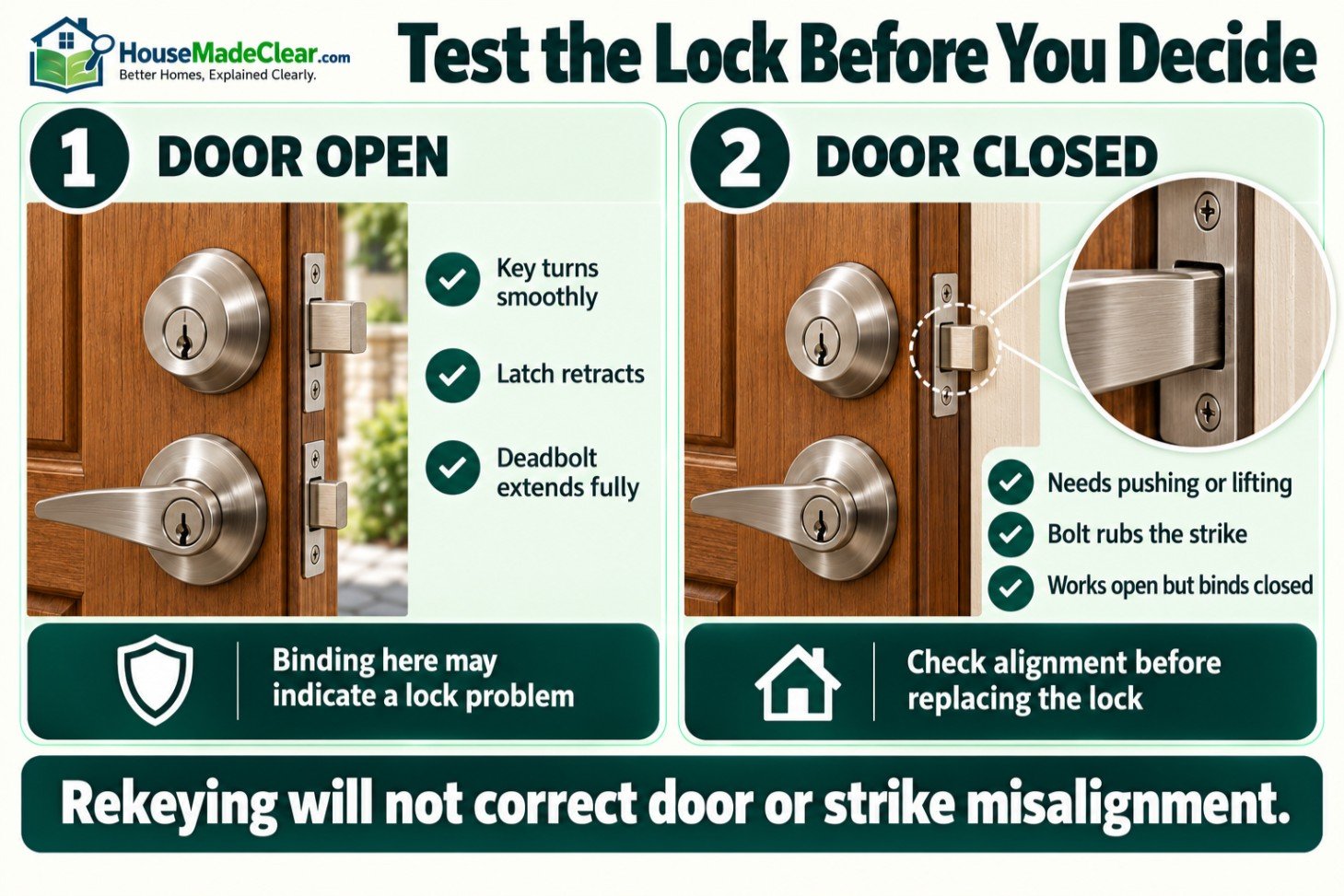 Testing a lock with the door open and closed to distinguish a lock problem from strike misalignment