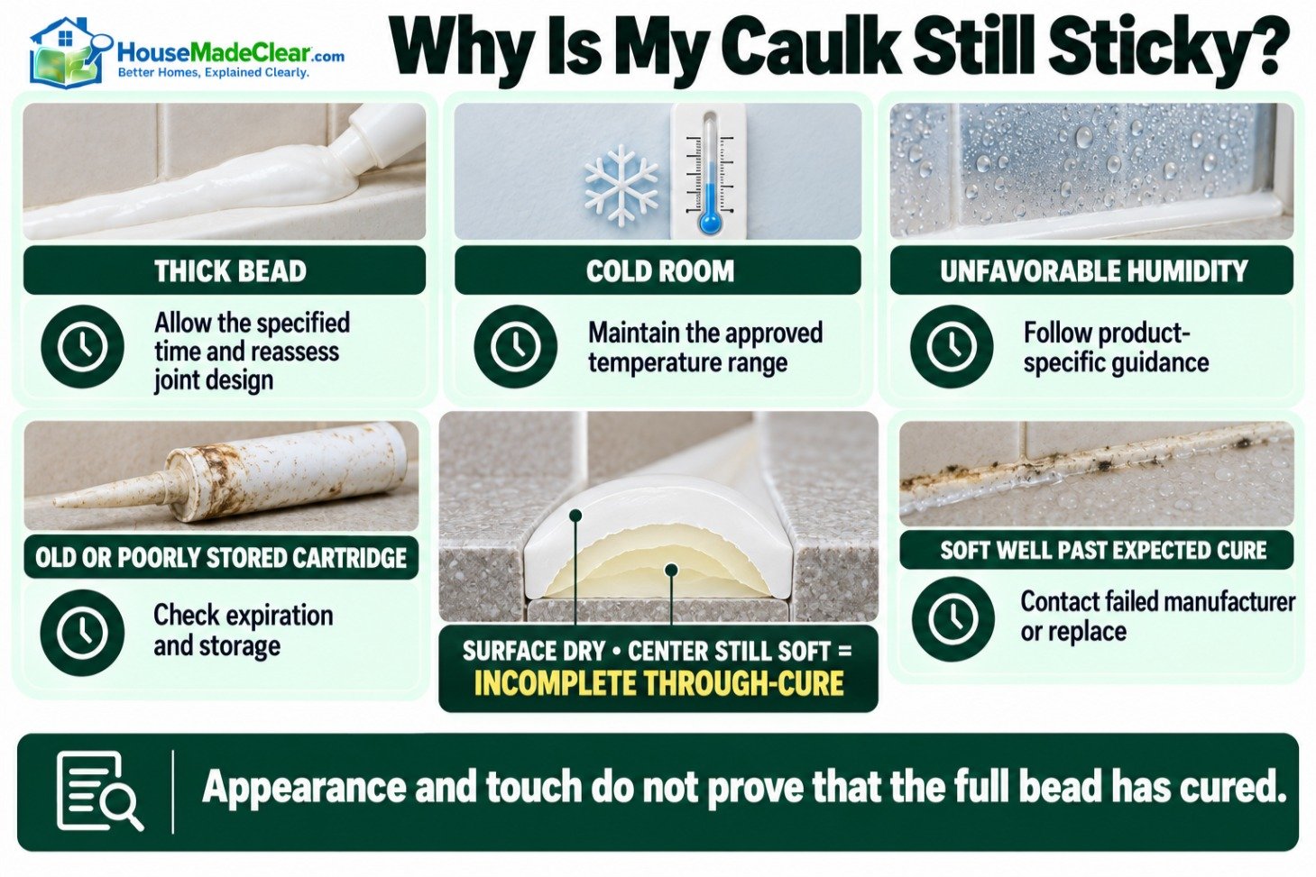 Common reasons caulk stays sticky and the recommended corrective action