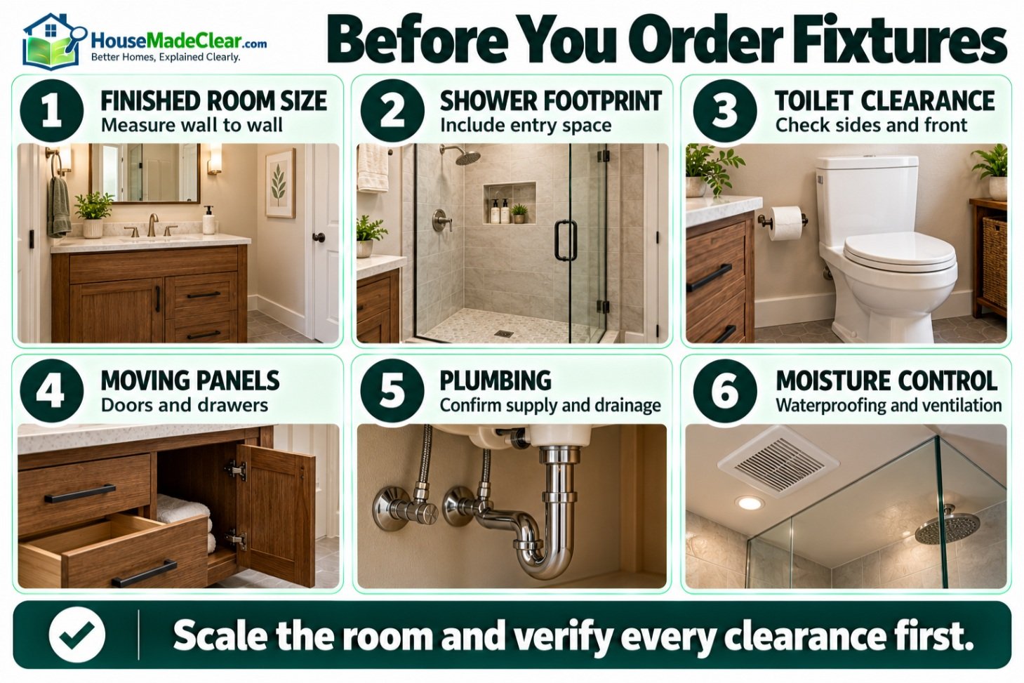 Checklist for room size, shower footprint, toilet clearance, moving panels, plumbing and moisture control