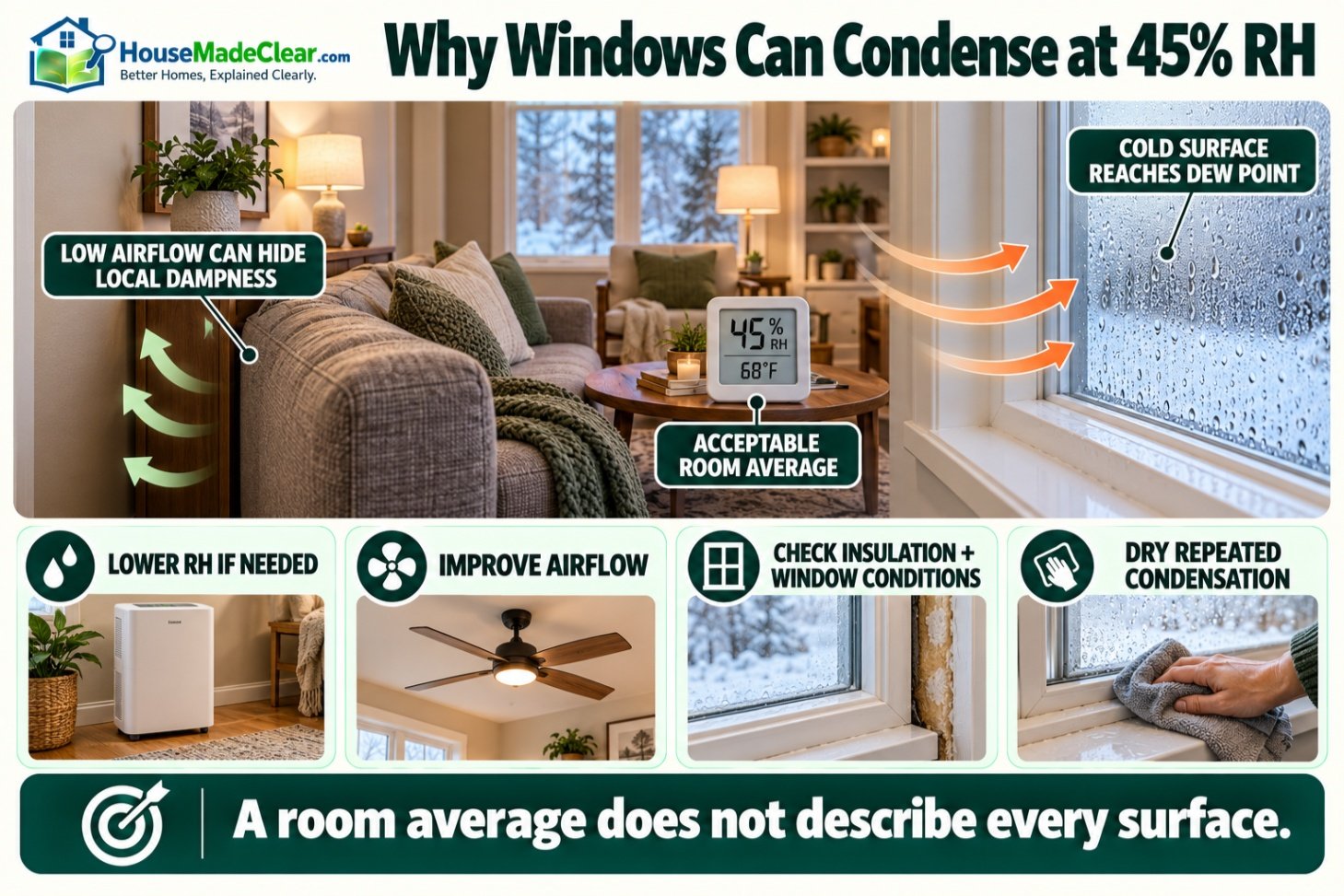 Cold-window condensation and hidden dampness behind furniture despite an acceptable average room humidity reading