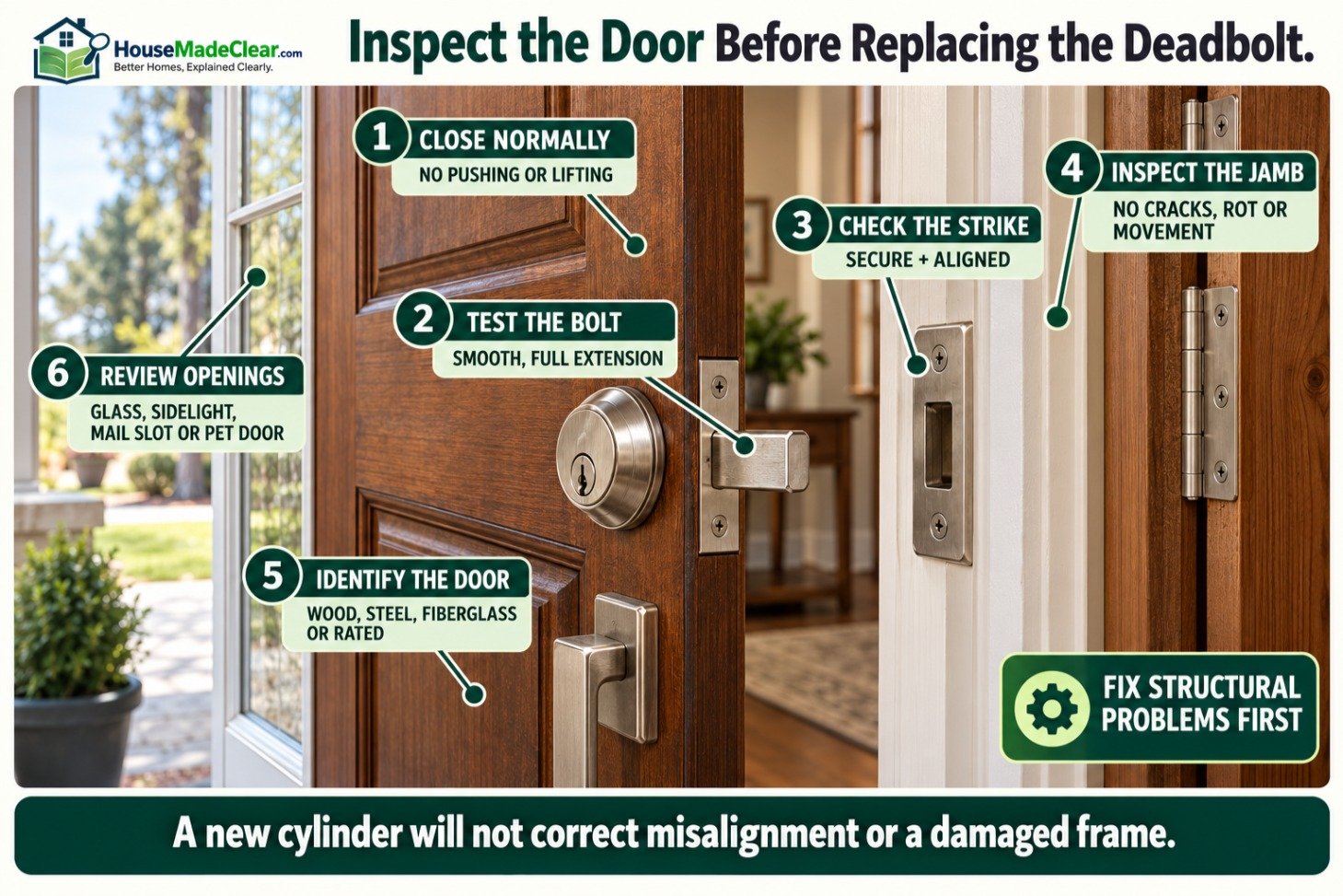 Door inspection checklist covering bolt operation, strike alignment, jamb condition, door material and nearby openings