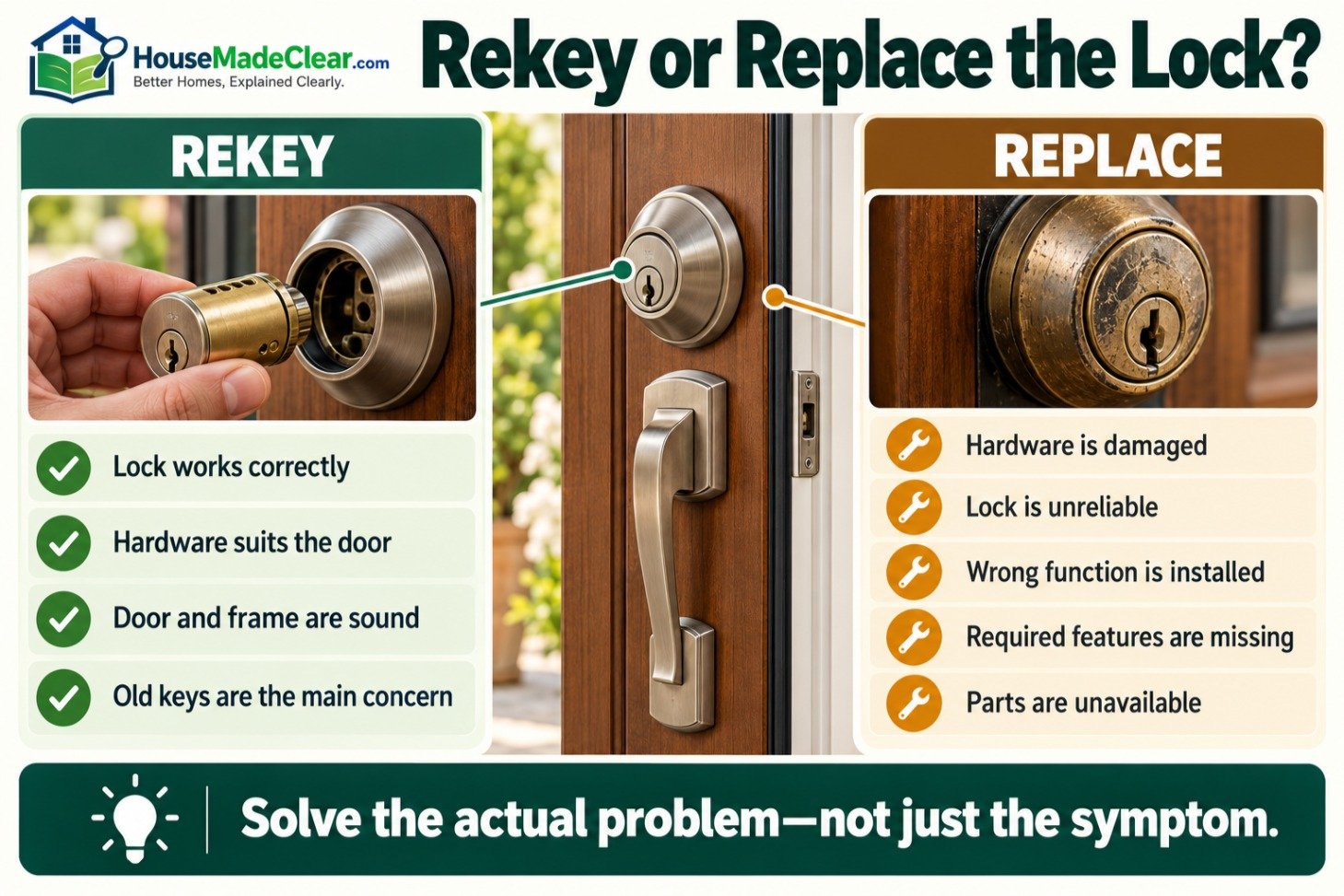 When to rekey a working door lock versus replace damaged, unreliable or unsuitable hardware