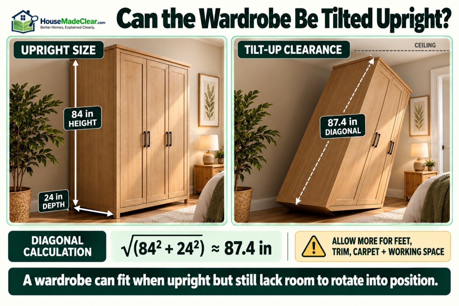 Diagonal clearance needed to tilt an 84-inch-high and 24-inch-deep wardrobe upright